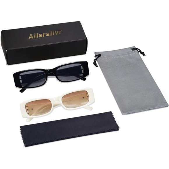 2 Pack Womens Rectangle Cat Eye Thin Sunglasses for Women 90s Retro Trendy - Picture 3 of 5